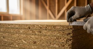 Panneaux de fibre de bois empilés sur un chantier d'isolation thermique