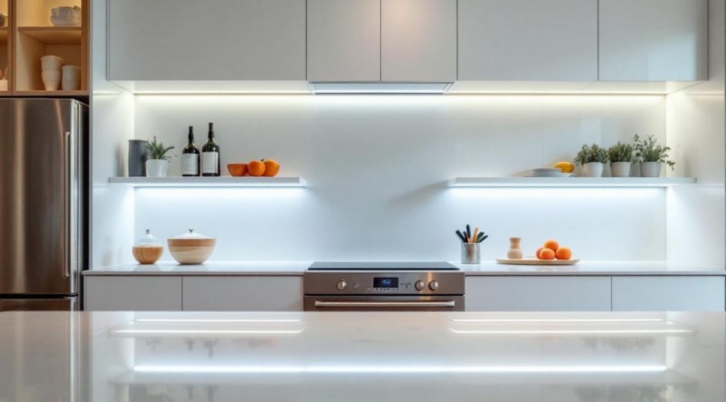 Cuisine contemporaine lumineuse, éclairage LED sous les meubles hauts et plan de travail bien visible avec des reflets clairs.
