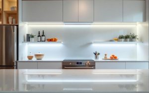 Cuisine contemporaine lumineuse, éclairage LED sous les meubles hauts et plan de travail bien visible avec des reflets clairs.