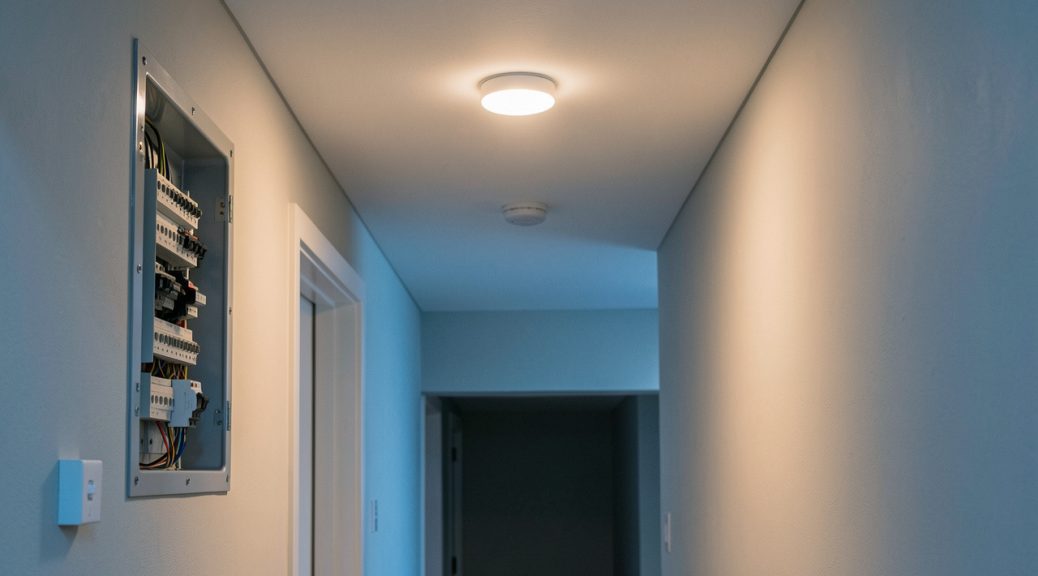Couloir résidentiel avec une lumière LED à détecteur et un tableau électrique ouvert, montrant un disjoncteur abaissé.