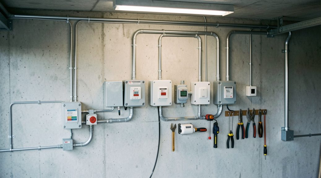 Installation de prises électriques étanches dans un garage humide, avec conduits protégés, boîtiers résistants à l’humidité et dispositifs de sécurité.