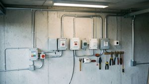 Installation de prises électriques étanches dans un garage humide, avec conduits protégés, boîtiers résistants à l’humidité et dispositifs de sécurité.