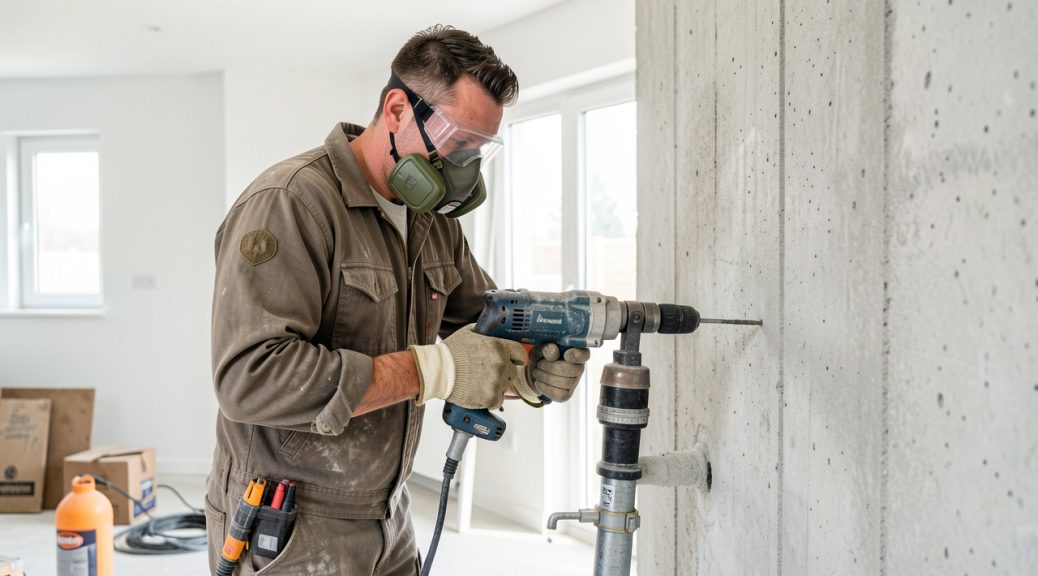 Un homme bricoleur portant un masque FFP2, des lunettes de protection et des gants utilise un perforateur relié à un aspirateur pour percer un mur en béton dans une pièce lumineuse.