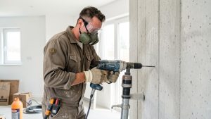 Un homme bricoleur portant un masque FFP2, des lunettes de protection et des gants utilise un perforateur relié à un aspirateur pour percer un mur en béton dans une pièce lumineuse.