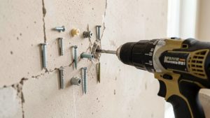 Gros plan sur plusieurs chevilles, vis et une perceuse disposées près d’un mur en plâtre dans un logement loué.