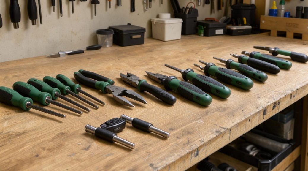 Établi de bricolage lumineux présentant des tournevis isolés, une pince coupante, un testeur de tension à deux pôles et des outils à main soigneusement rangés.