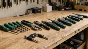 Établi de bricolage lumineux présentant des tournevis isolés, une pince coupante, un testeur de tension à deux pôles et des outils à main soigneusement rangés.