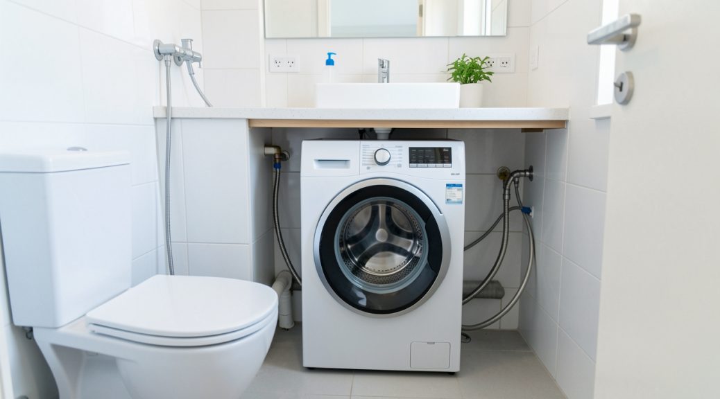 Lave-linge compact installé dans une petite salle de bain, avec les raccordements d’eau facilement accessibles et un espace soigneusement optimisé.