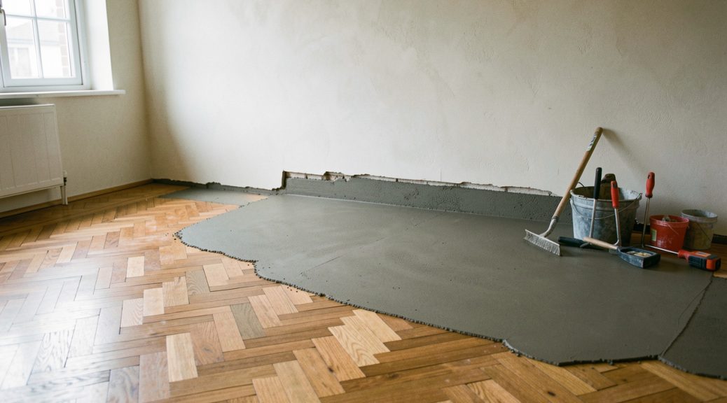 Sol intérieur en rénovation avec une bande irrégulière comblée par un enduit de nivellement pour retrouver la hauteur du parquet existant.